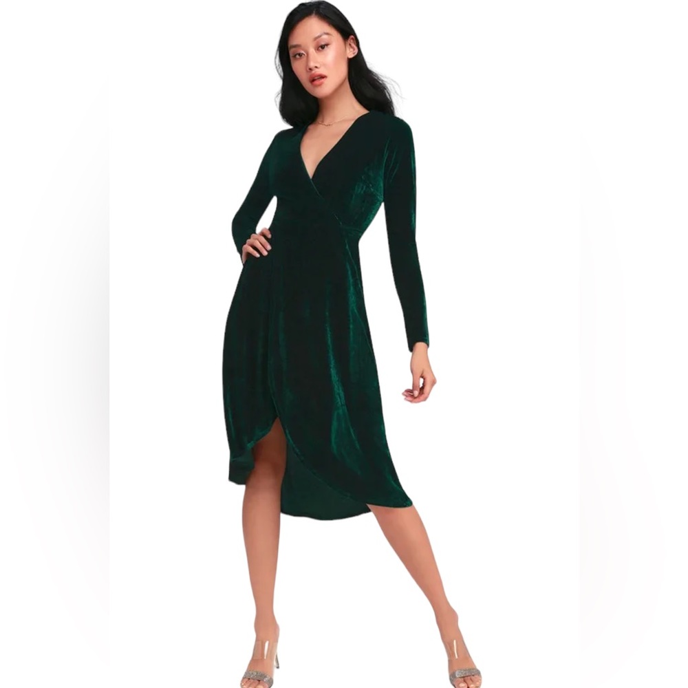 Lulus Silver Screen Emerald Green Velvet Long Sleeve Midi Dress Size Medium